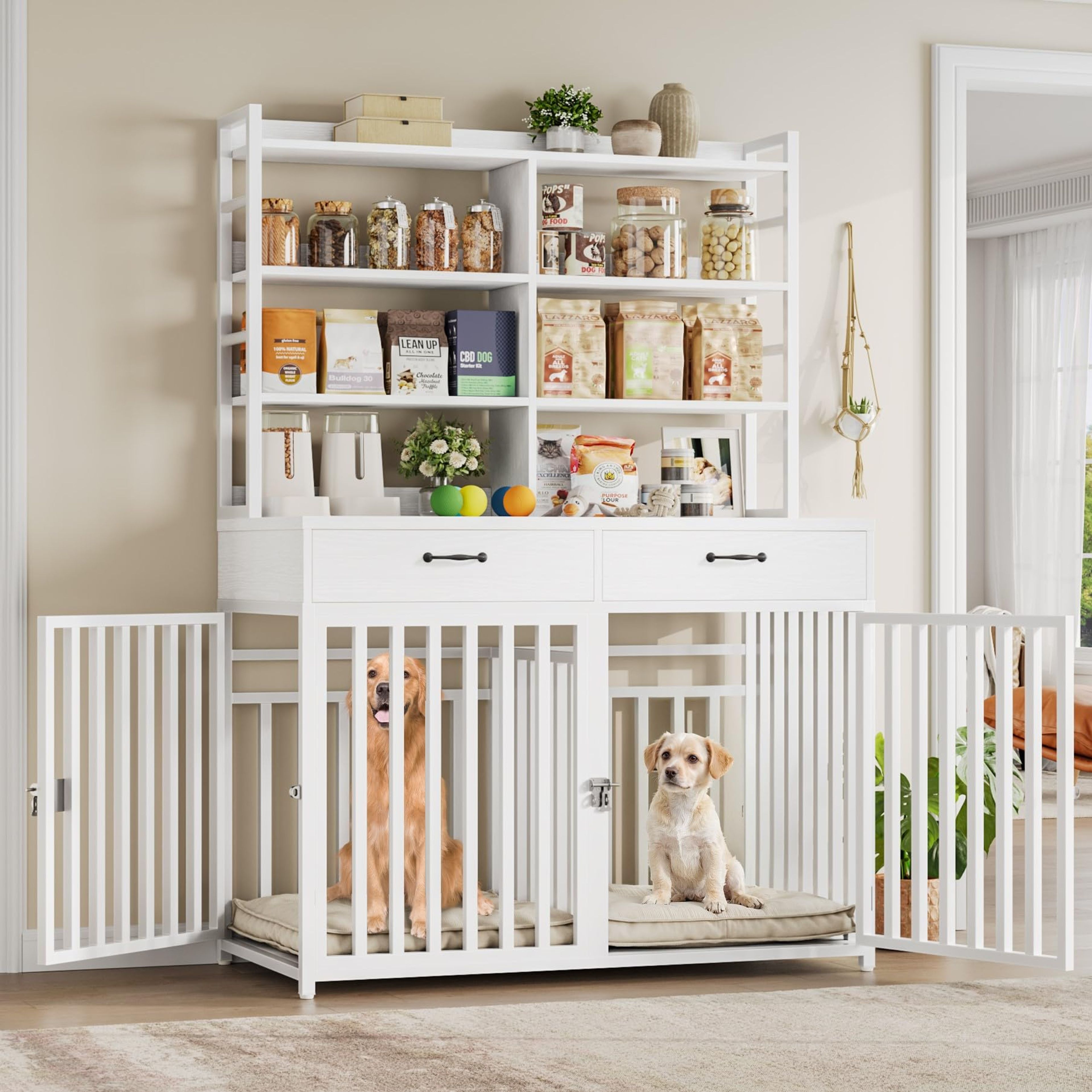 Keyluv 71"H Large Dog Crate Furniture with Storage Drawers, White