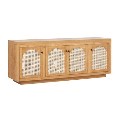 Walker Edison Sasha 4-Door Sideboard Buffet with Arched Rattan Panels, 70 Inch, English Oak Rattan 70 Inch English Oak