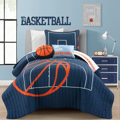 Lush Decor Basketball Game Reversible Quilt Set, 4 Piece Set, Twin, Navy - Soft Kids Bedding Set - Basketball Decor - Sports Quilt - Kids Bedroom Decor