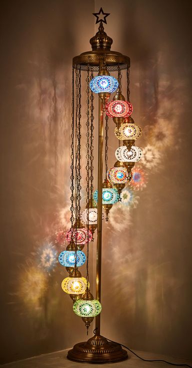 DEMMEX 11 Globe Turkish Floor Lamp, 7ft Tall - Turkish Moroccan Mosaic Floor Lamp, Tiffany-Style Standing Lamp for Bedroom & Living Room - Handmade Decorative Lighting, Multi-Color Colorburst