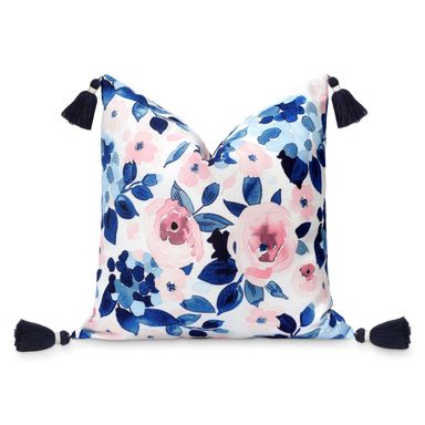 Hofdeco Premium Coastal Patio Indoor Outdoor Throw Pillow Cover Only, 18"x18" Water Repellent for Backyard, Couch, Navy Blue Blush Pink Print Watercolor Rose and Hydrangea Flower