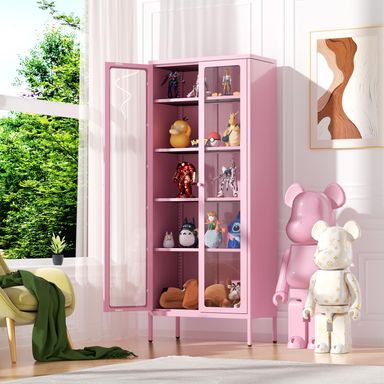 Oakcloud 67" Metal Glass Display Cabinet, Storage Cabinet for Collectibles, Curio, China, Books, Display Case with Glass Doors and 4 Adjustable Shelves for Home Office, Living Room, Pantry (Pink) 67" Pink