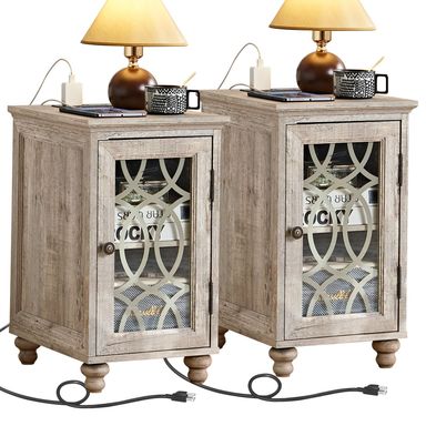 Narrow Side Table with Charging Station Set of 2, Night Stand with Glass Door,Bedside End Tables with Adjustable Shelf Storage Cabinet,Wood Nightstand for Small Spaces Living Room Bedroom with Charger Grey Oak 2