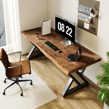Solid Wood Desk 55 inches Wide Home Office Desk,Metal Modern Industrial Writing Table, Workstation, Perfect Table for Your workspace Study Table Furniture in Rustic Natural Aged Brown Fangshi-55inch