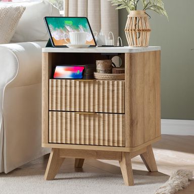 T4TREAM Fluted Nightstand with Charging Station, 18" Modern Side Table with Faux Marble Top, 2 Drawers End Table w/Storage, Bedside Table for Bedroom, Living Room, Curved Profile Design, Natural Oak 1 Natural Oak