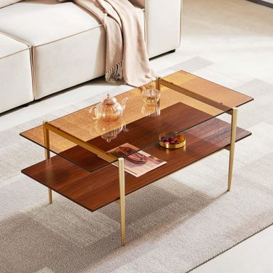 AGV LIGHTING 202206 Tadio Glass Coffee Table, Double Layer Coffee Table for Living Space, Gold Finish Frmae, Coffee Brown Glass Top & Walnut Brown Wood Top