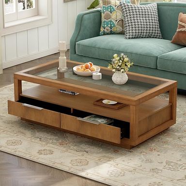 Amazon.com: Wood Coffee Table with 2 Drawers for Living Room Modern 52" Large Rectangle Transparent Tempered Glass Top Rubber Wood Frame, Office Storage Sofa Center Table (Brown) : Home & Kitchen
