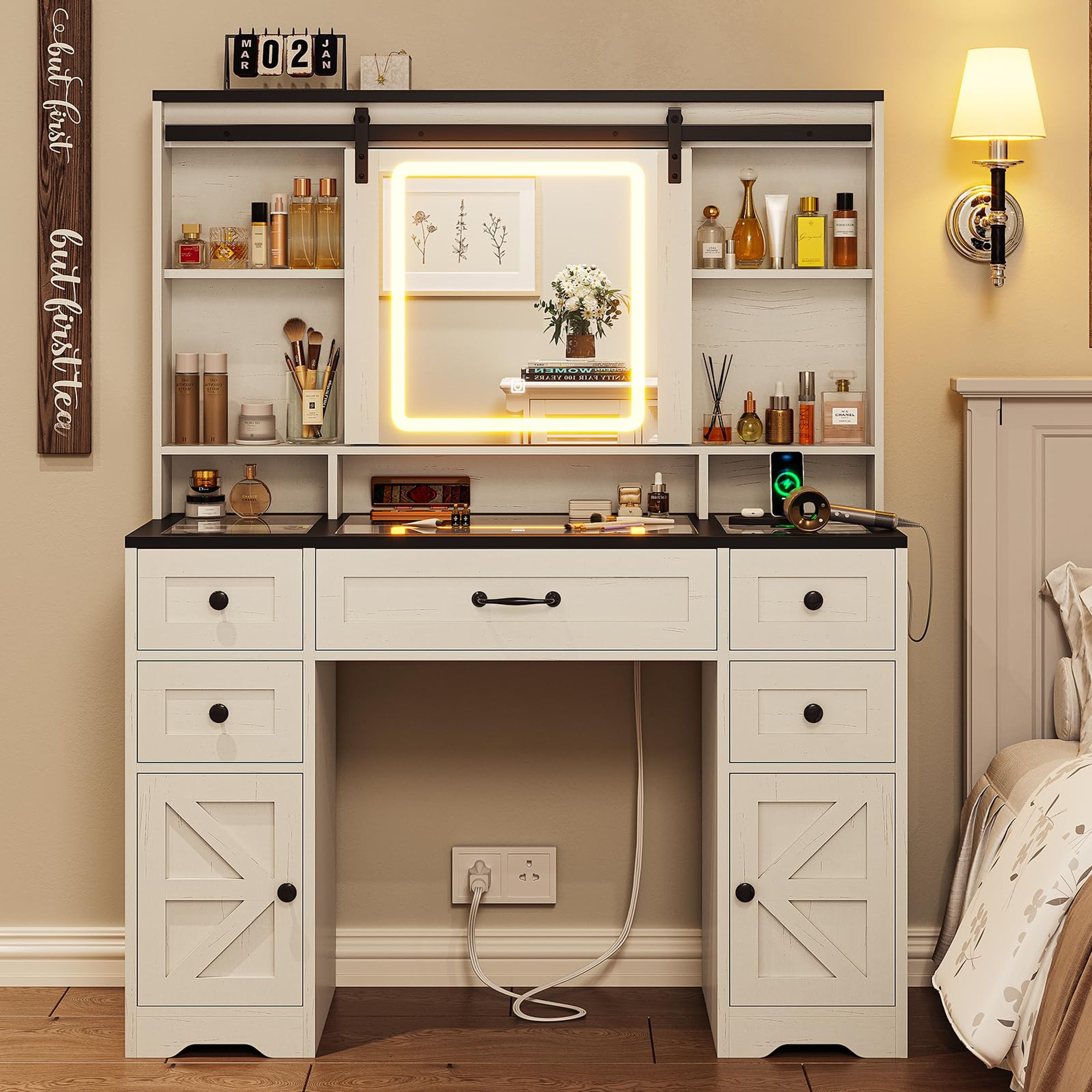 Farmhouse Vanity Desk with Lights & Charging Station, Antique White