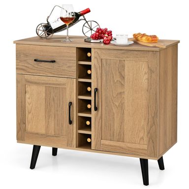 GOFLAME Wine Bar Cabinet, Buffet Sideboard with 2 Doors & 1 Drawer, 6-Bottle Wine Rack, Adjustable Shelves, Cupboard with Storage for Kitchen, Living Room, Natural