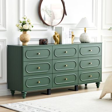 9 Drawer Fluted Dresser for Bedroom, Mid Century Modern Chest of Drawers, Wood Storage Small Dresser Organizer for Bedroom Living Room Hallway Closet, Green Green 9 Drawer
