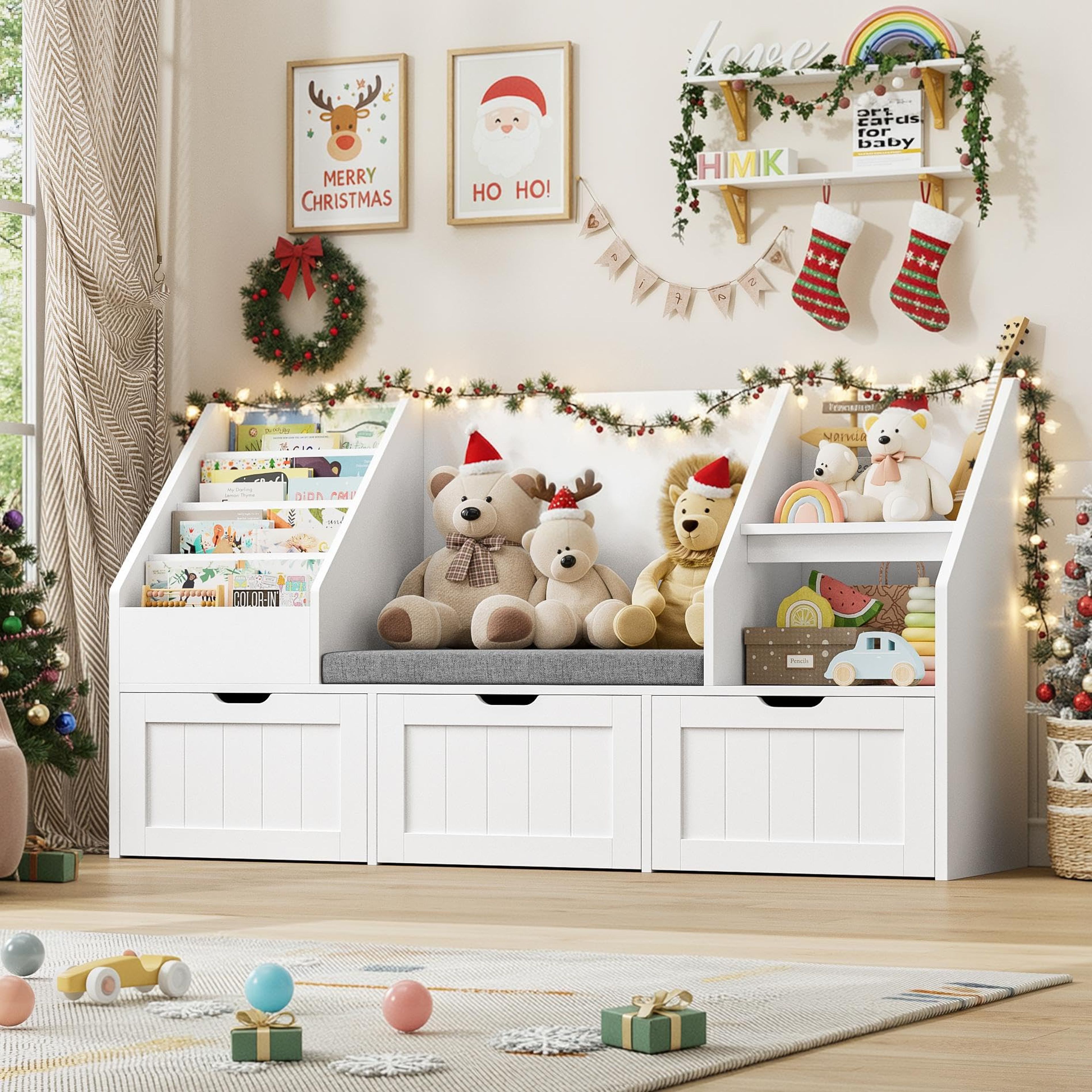 FOTOSOK 55.1" Kids Bookshelf Reading Nook Toy Storage White