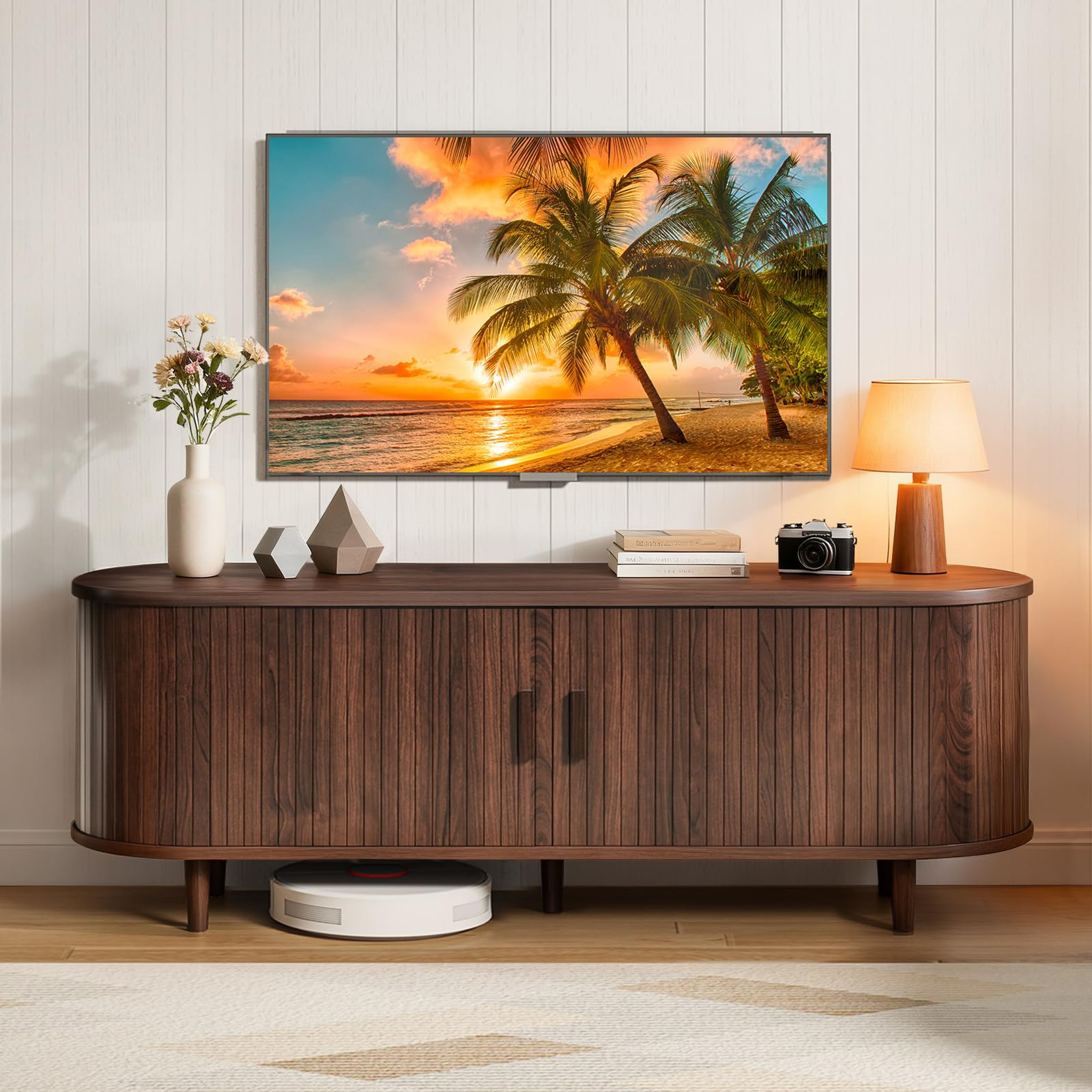58" Mid-Century Walnut TV Stand with Sliding Doors & Outlets
