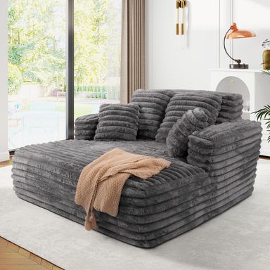 56" Oversized Chaise Lounge Chair Indoor,Plush Faux Fur Sleeper Sofa Couch Bed with Pillows&Wide Armrests,Fluffy Comfy Cloud Couch,Compression Foam Sofa for Living Room,Bedroom(Grey)