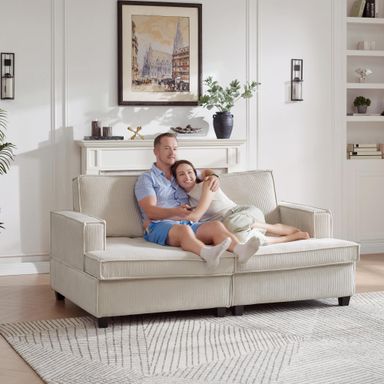 75" Oversized Loveseat Sofa, 2 Seat Comfy Corduroy Couch with Adjustable Seat Depth, 37.4" Seat Width, Cloud Couch with 2 Pillows for Living Room, Bedroom (Beige)