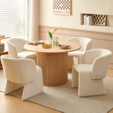 NORDICANA 5-Piece Round Dining Table Set for 4, Rustic 47-Inch Kitchen Table and Chair Set, Dining Set with Off White Upholstered Armchairs, Manufactured Wood Top with Oak Veneer Oak color table 4 Off White Chairs