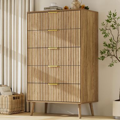 LYNSOM Fluted 5 Drawers Dresser, 45" Tall Modern Chest of Drawers with Metal Handle and Curved Profile Design, Wood Drawer Organizer for Bedroom, Living Room, Hallway, Entryway, Natural Oak Natural Oak 15.7"D x 27.6"W x 45.5"H (5 Drawers)