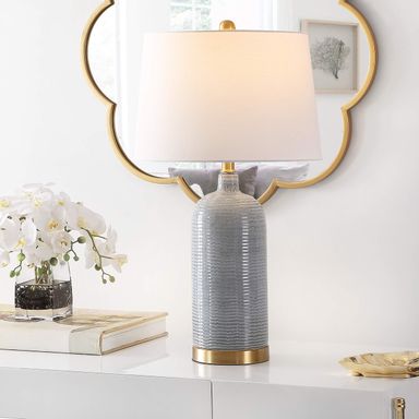 SAFAVIEH Lighting Collection Stark Blue Glass 27-inch Bedroom Living Room Home Office Desk Nightstand Table Lamp (LED Bulb Included)