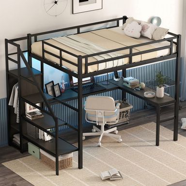Metal Full Size Loft Bed with Desk and Stairs,Heavy Duty Loft Bed Frame with Wardrobe,LED Loft Bed Full Size with Charging Station for Kids,Teens,Adults,Black