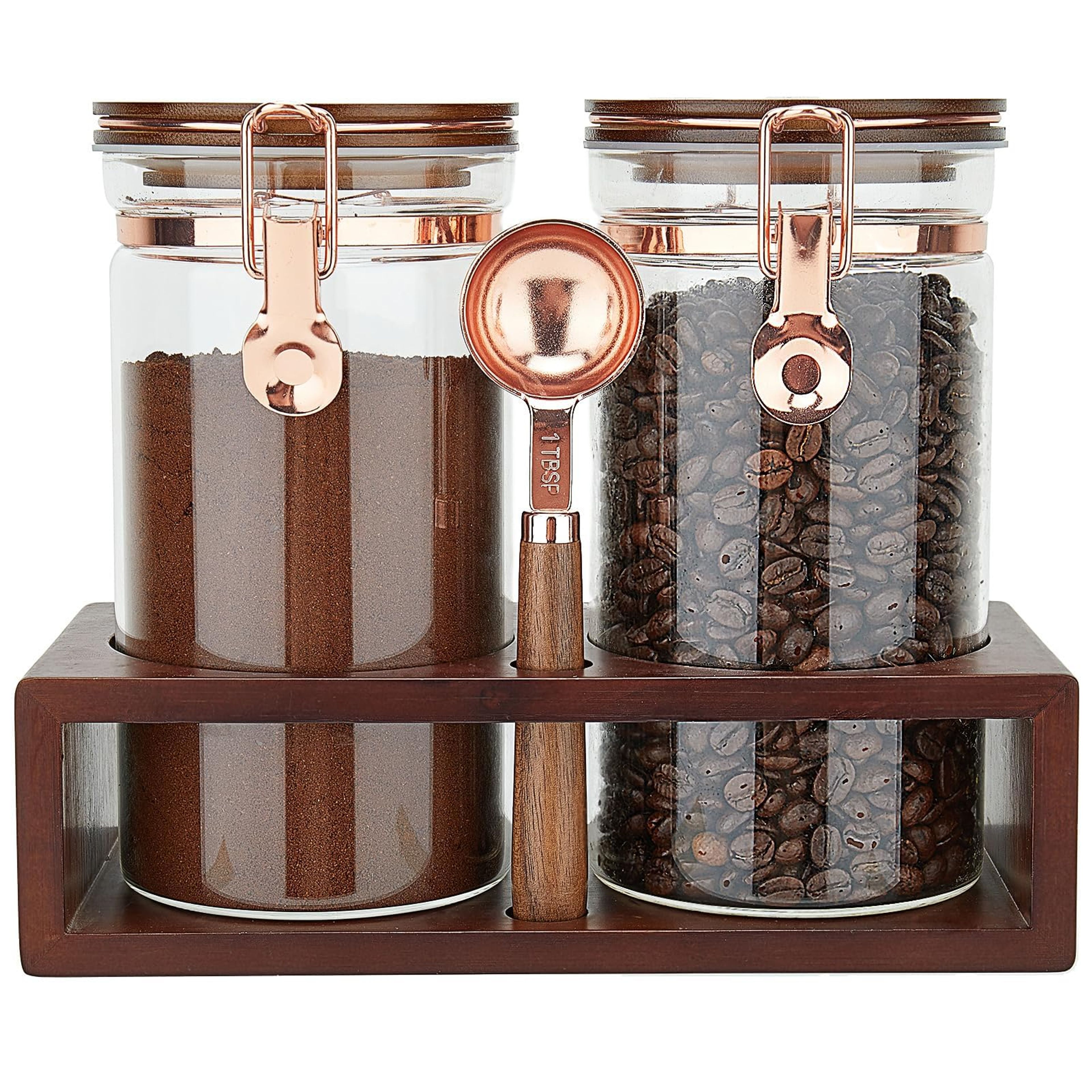 Airtight Glass Coffee Storage Jar Set, 2x40oz with Shelf & Spoon