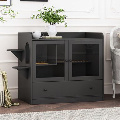 Extra Large Cat Litter Box Enclosure Furniture Hidden, Cat Condo Cabinet Pet House with Stairs for 2, Nightstand Side Table witha Large Drawer for Living Room, Black