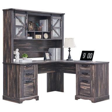 RedLemon 60" Farmhouse L Shaped Desk with Hutch, Wood Home Office Executive Desk with Drawer, Charging Station, File Drawer, Storage Cabinet, Rustic Writing Computer Desk (Dark Rustic Oak)