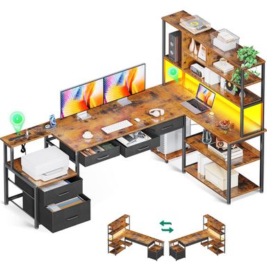 AODK 79 inch L Shaped Desk with 5 Drawers, Reversible L Shaped Gaming Desk with LED Light & 2 Power Outlets, Computer Desk with Storage Shelves for Home Office, Vintage Vintage 79 inch
