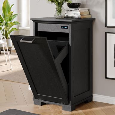 Tilt Out Trash Cabinet Wooden, Single Door 10 Gallons, Black Finish