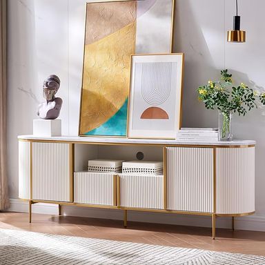 Amazon.com: OKD Luxury 70" Fluted TV Stand, Modern Chic Entertainment Center for TVs Up to 80 inches, TV Console with Faux Marble Top, Curved Profile Design, Media Console for Living Room, Natural Oak : Home & Kitchen