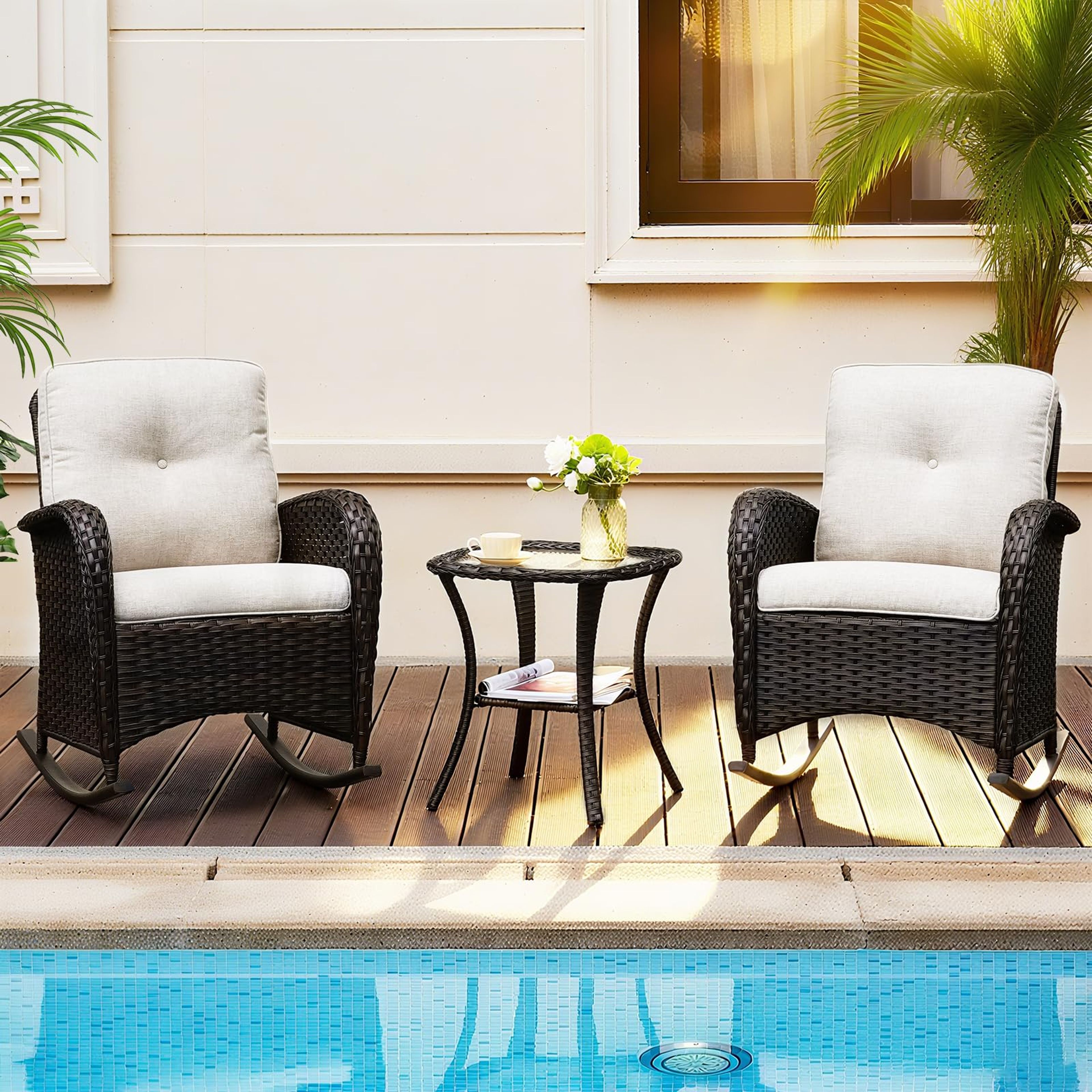 3-Piece Wicker Rocking Chair Set with Cushions & Glass Table