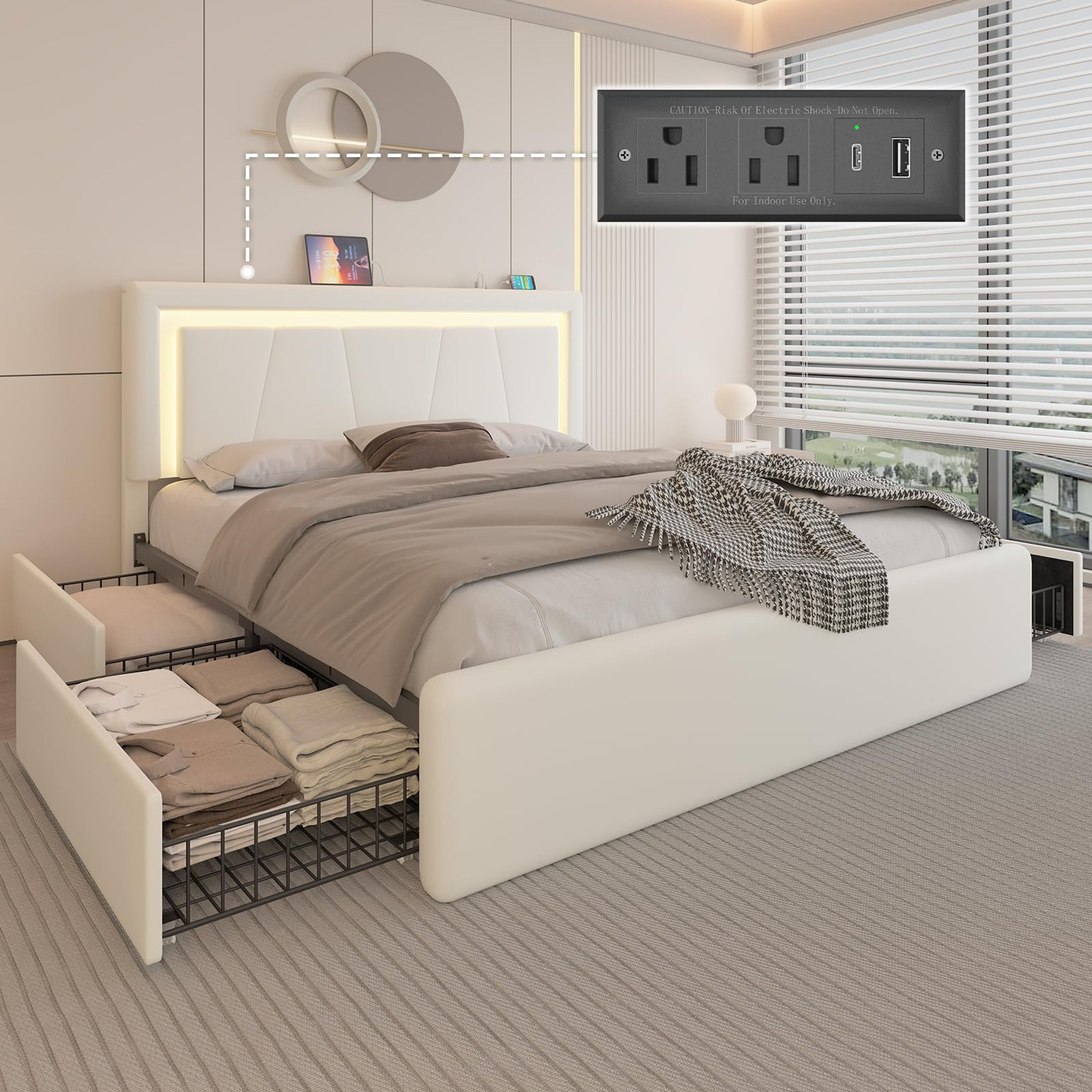 White Queen Bed Frame with Storage Drawers, LED Lights & Charging Station