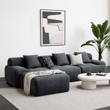 LIKIMIO 118" Modern L-Shaped Modular Sectional Sofa for Living Room, Corduroy Upholstery Dark Grey, Oversized 3-Seater Couch with Deep Seat and Movable Ottoman – No Assembly