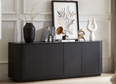 64" Sideboard Buffet Cabinet with Storage, Wooden Fluted Storage Cabinet Sideboard with Adjustable Shelves Pressed Spring for Kitchen Living Room (Black Gray)