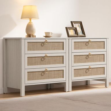 SICOTAS White Nightstand Set 2 with Drawers - Large Rattan Bedside Table with Golden Handle, 3 Drawers Night Stand 26.78" Wide Boho Nightstand for Bedroom