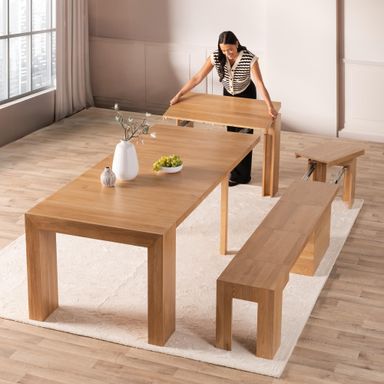 Transformer Table Expandable Dining Table for 2 to 12, Solid Wood Extendable Kitchen Table, Space-Saving Furniture, Small to Large Adjustable Dinner Table with Bench (Natural, Table + Bench) Table + Bench Natural