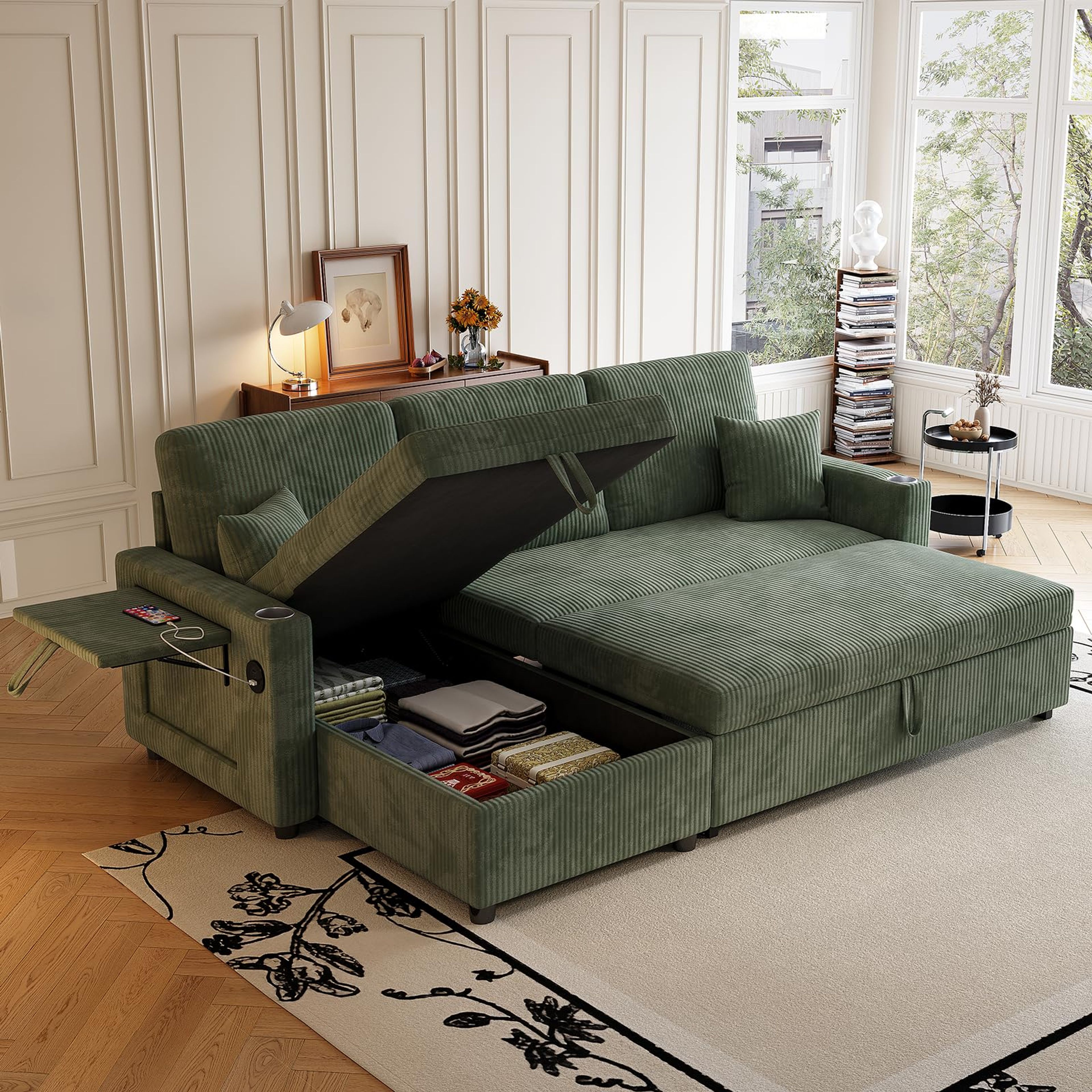 83" Green Corduroy Sleeper Sectional Sofa Bed with Reversible Chaise