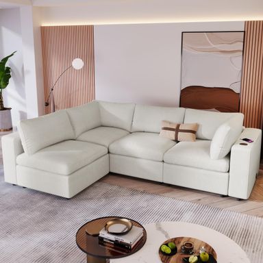 kevinplus Modular Sectional Sofa Couch, Modern Sofa Couch with USB Charge Port & Wireless Charging & Built-in Bluetooth Speaker in Arm, Beige 106in-beige