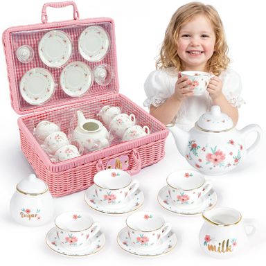 Porcelain Tea Set for Girls, Tea Party Set for Little Girls, Pink Floral Teapot Cup Saucer Carry Case Princess Party Pretend Play Toys, Toddler Girl Birthday Gifts Age 3 - 8 Years Old