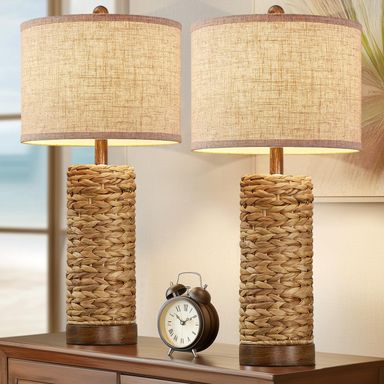 27.5'' Tall Natural Rattan Table Lamps Set of 2, Hand - Woven Wicker Lamp with Linen Shade, Rustic Coastal Boho Style Table Lamps for Bedroom, Living Room, Home Decor Seagrass Brown