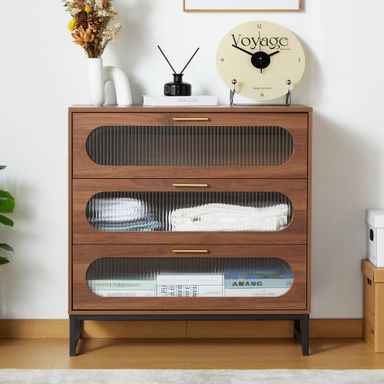 3 Drawer Dresser, Small Dresser with Tempered Glass Drawer Design, Modern Wood Chest of Drawers for Bedroom, Home Office (Walnut1)