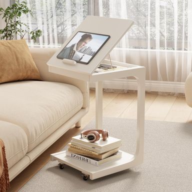 C Shaped End Table for Couch, C Table with Wheels, Wooden Couch Table Adjustable Desktop for Living Room,Bedroom（White）