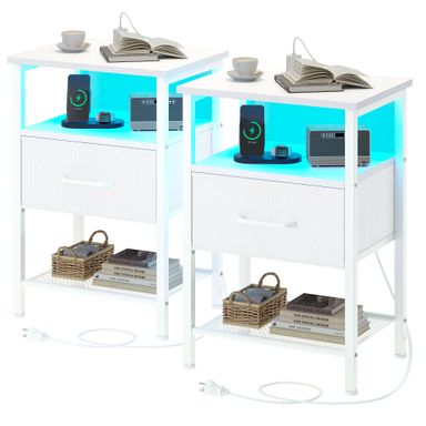 Night Stand Set 2, End Table with Charging Station, LED Bedside Table with Fabric Drawer for Bedroom, 3-Tier Side Table with Open Shelf, White 2 White