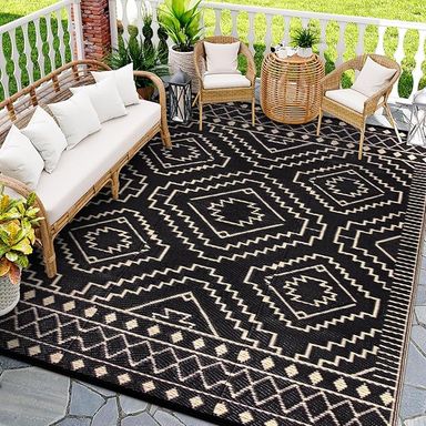 Amazon.com: Wonnitar 9x12 Outdoor Rug, Large Waterproof Reversible Plastic Straw Rug for Patios, Indoor/Outdoor Area Rug Lightweight Camping Rug for Outside RV Balcony Garden Deck, Black & Beige : Patio, Lawn & Garden