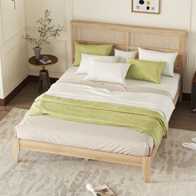 Queen Size Rattan Bed Frame, Natural Wood Bed Frame with Support Legs, Platform Bed with Rattan Headboard, Queen Bed Frame with Storage Underneath, No Box Spring Needed, White Oak