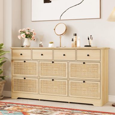 Brafab 59" Mid-Century Natural Rattan 10 Drawer Dresser, Tall Boho Chests of Drawers with Elegant Tabletop and Smooth Metal Rail, Wide Light Oak Dressers Deep Drawers for Bedroom Nersury Closet