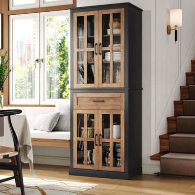 FOTOSOK 71'' Tall Kitchen Cabinet with Glass Doors and Drawer, Freestanding Food Pantry with Adjustable Shelves for Dining, Living Room, Natural