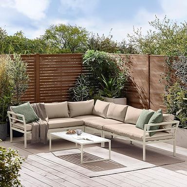 Furniturebox UK Montenegro White Metal 6 Seat Outdoor Garden Sofa Set, Taupe Cushions, 6 seat corner sofa + metal coffee table, Modern Minimalist Garden & Patio Furniture