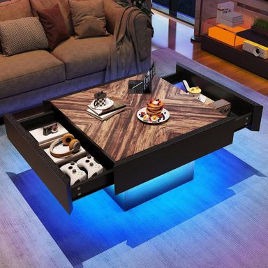 YITAHOME Mesas de centro cuadradas para sala de estar, mesa de centro LED de madera con almacenamiento, mesas modernas para sala de estar con 2 cajones, negro y marrón