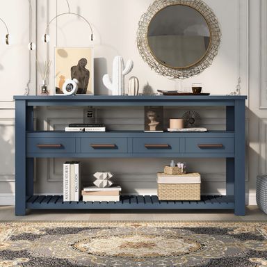 Modern 62.2" Console Table, Sofa Table with 4 Drawers and 2 Shelves, Suitable for Entrance, Hallway, Living Room, Bedroom (Navy Blue@G>)