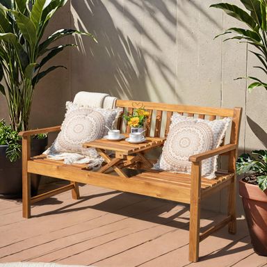 Greesum Patio Loveseat Acacia Furniture Conversation Set w/Foldable Small Table Plate, All Weather Outdoor Bench for Porch, Garden, Nature