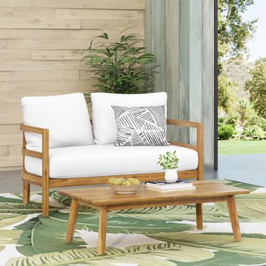 Merax Outdoor Patio Conversation Set,Acacia Wood Frame Loveseat and Coffee Table with Thick Cushion for Porch,Modern Style
